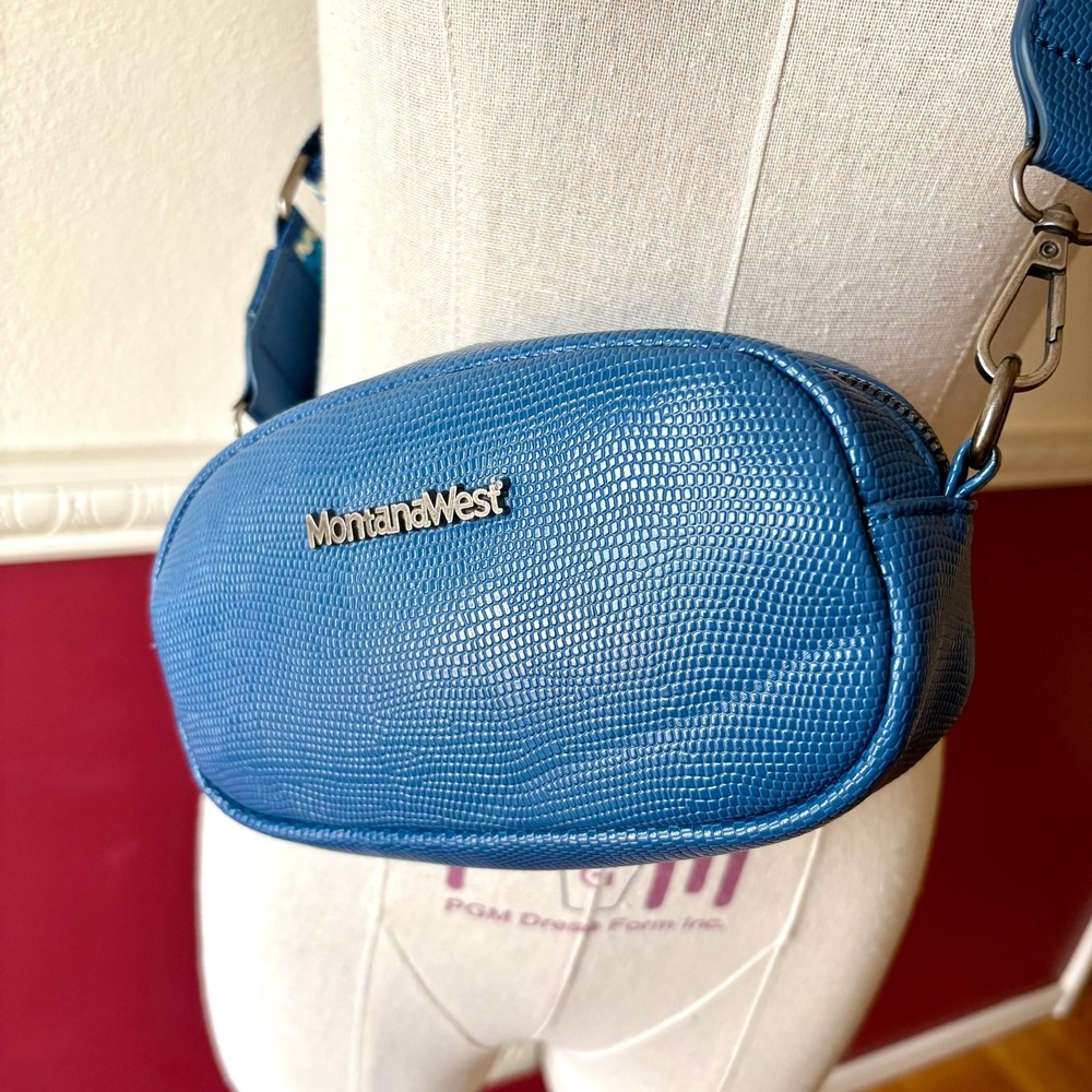 Montana West‎ Blue Lizard Embossed Crossbody Bag Woven Stripe Guitar Strap Logo - Picture 3 of 13